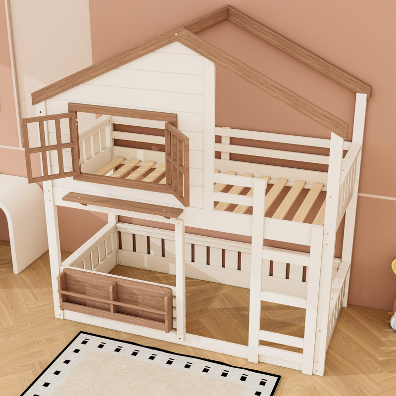 Wood Bunk Bed With Bookshelf, Beige/Natural, Twin
