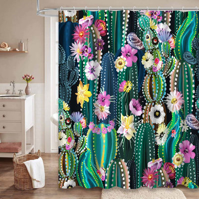 Cactus Succulents Abstract Teal Shower Curtain with 12 Hooks