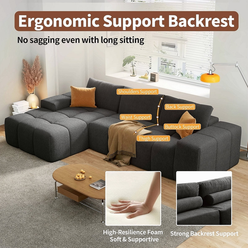 Canapé modulaire en L sans assemblage requis, canapé à assise profonde avec 3 coussins, revêtement en tissu doux, convient aux chaises longues modernes dans les salons et les chambres