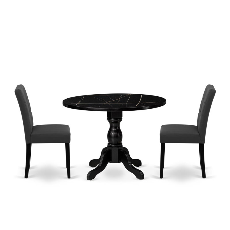L'ensemble de table de cuisine 3 pièces contient une table ronde et 2 chaises de cuisine en polyester gris foncé avec dossier élégant - Noir brossé