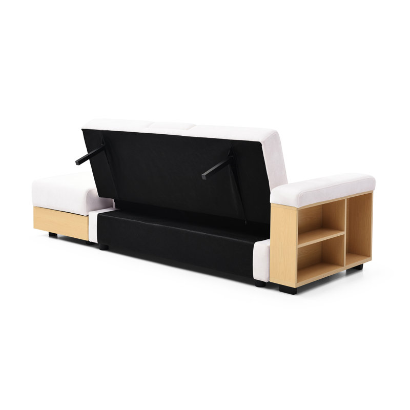 Canapé-lit convertible - Lit double pliant multifonctionnel avec rangement, accoudoir et tiroir, table rabattable 2 porte-gobelets pour salon, appartement, bureau, beige, tissu en lin de coton doux,