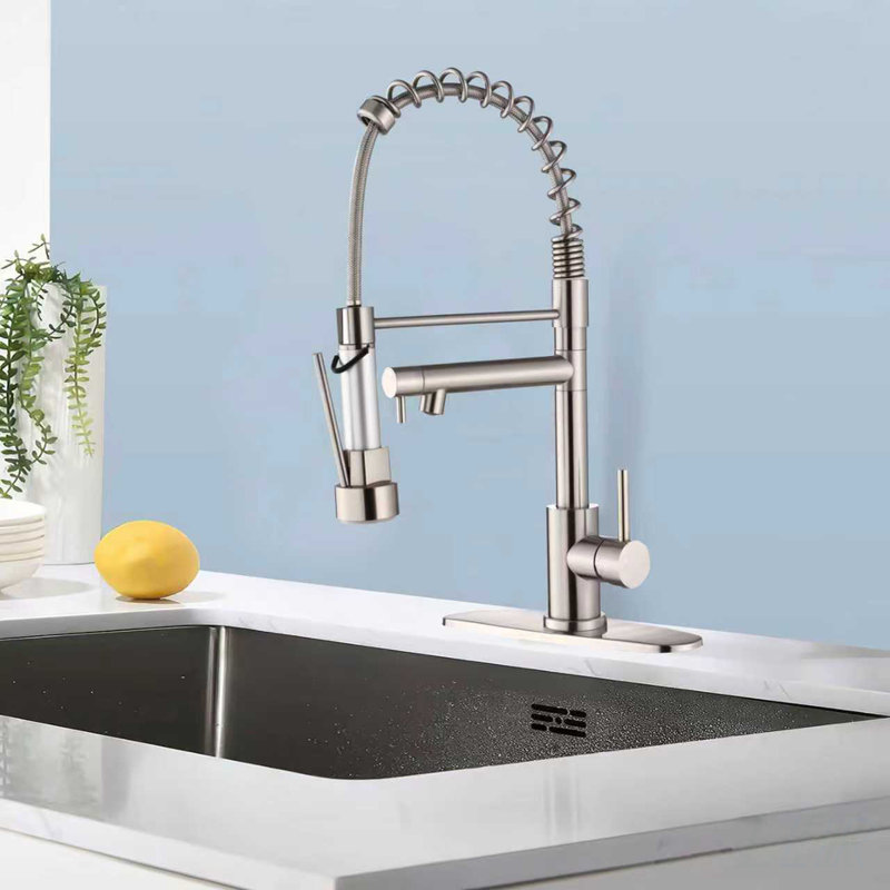 Robinet de cuisine avec douchette rétractable, poignée à ressort à poignée simple en acier inoxydable 2 fonctions, installation à un trou, finition nickel brossé