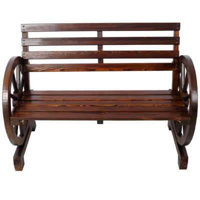 Wooden Wagon Wheel Patio Bench with Rustic Design for Two