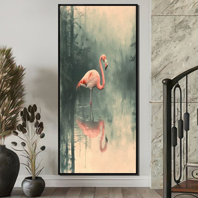 Codan Flamingo In The Marsh II - Flamingo, reproduction sur toile, H 60 po x l 28 po, Noir, Impression encadrée flottante