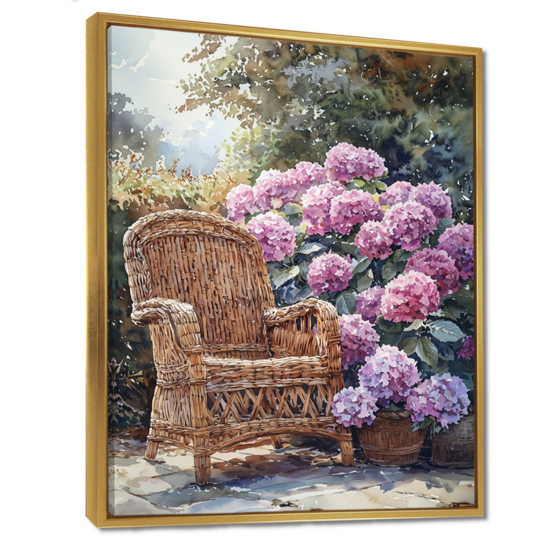 «Hydrangeas With Rattan Furniture II - Hydrangea», reproduction sur toile, H 20 po x l 12 po, Impression encadrée flottante