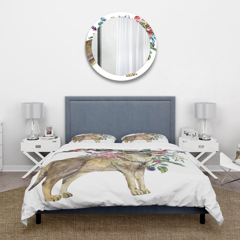 Loup avec fleurs de forêt - ensemble de housse de couette Farmhouse - microfibre de polyester
