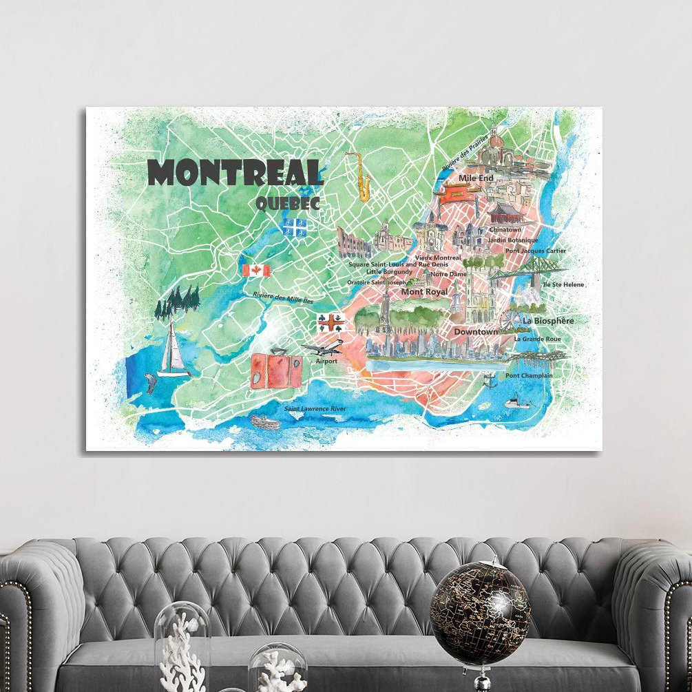 Montreal Quebec Canada Illustrated Map by Markus & Martina Bleichner - Painting on Canvas