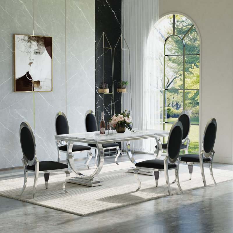7-Piece Dining Set with Faux Marble Tabletop and Stainless Steel Chairs – Modern Dining Table Set for 6, White/Silver/Black