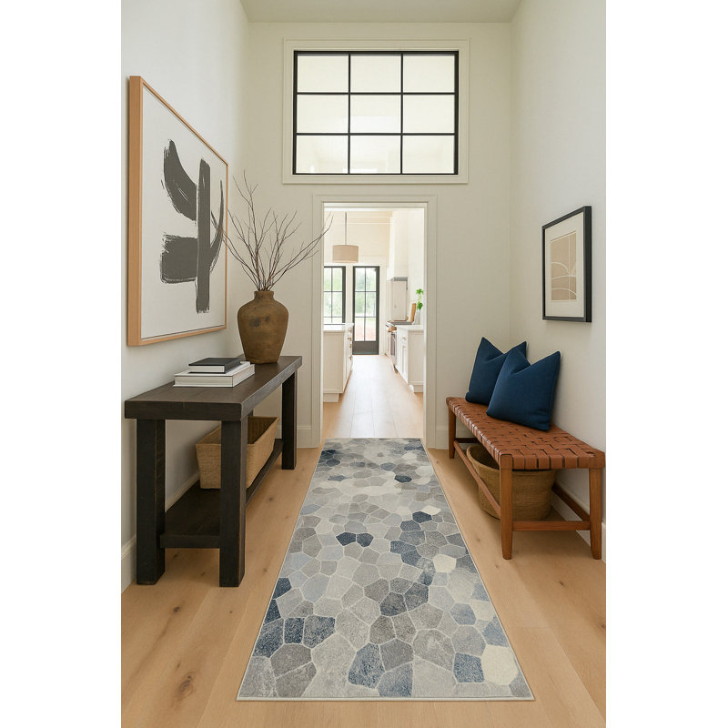 Rug Branch Joni 2' x 6' (2'3" x 5'11") Blue/Beige Stone Mosaic Indoor Runner Rug, Contemporary, Low Pile, Stain-Resistant Hallway Carpet - Entryway, Mudroom, Bedroom, and Kitchen