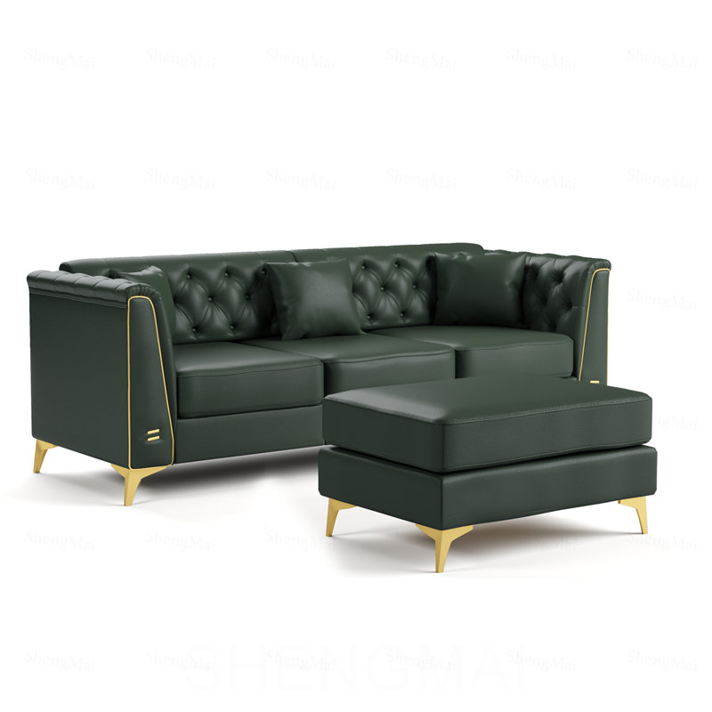 Canapé Chesterfield modulaire 3 places, canapé en similicuir capitonné à la main, accoudoirs garnis de métal et pieds minces en métal, comprend 3 coussins