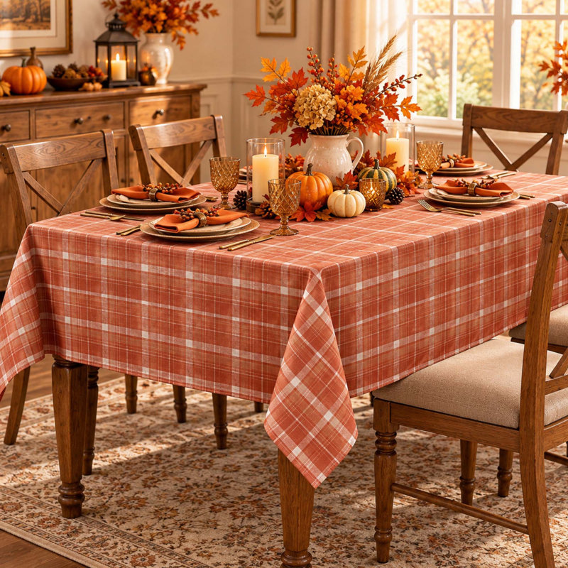 60" x 84" Orange Checkered Fall Tablecloth