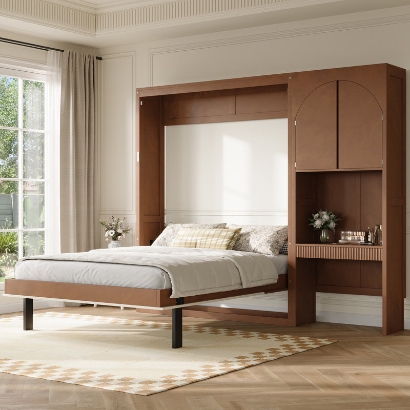 Grand lit escamotable avec armoire de rangement latérale, lumières DEL, bureau intégré, tiroirs et portes arquées, noyer et beige