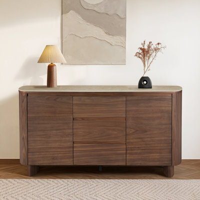 Buffet moderne en bois massif de 63 po avec rangement et plateau en pierre Grier
