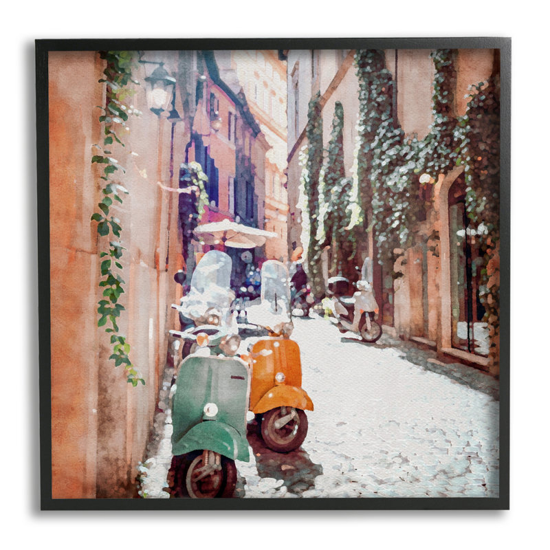 «Mopeds On Italian Street On Wood» par LSR Design Studio Print, H 17 po x l 17 po x P 1,5 po, Giclée encadrée noir minuit