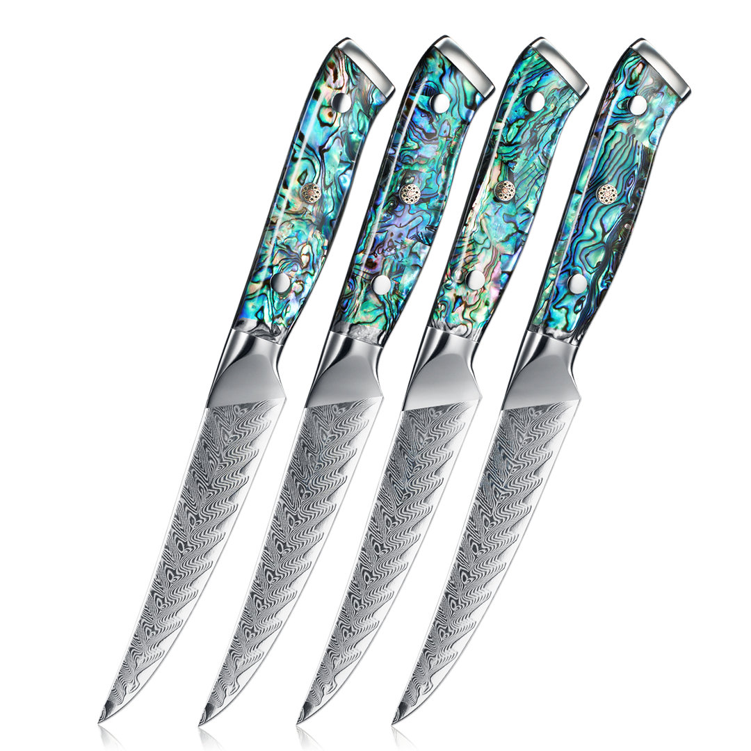 Senken Knives 4-Piece Japanese Damascus Steel Steak Knife Set with Real Abalone Shell Handles, Japanese VG10 Steel Senken Knives