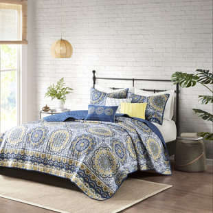 Blue Full/Queen Quilt - 6 Pieces Floral Print Pleated Pillows Machine Washable Piece Reversible Bedding Embroidery 3 Decorative Soft Microfiber