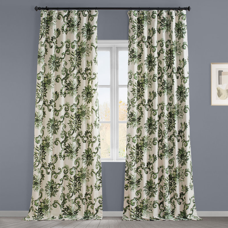 Althoff Floral Damask Printed Cotton Rod Pocket Room Darkening Curtains - Single Panel Drapes, 50"W x 120"L, Indonesian Blue