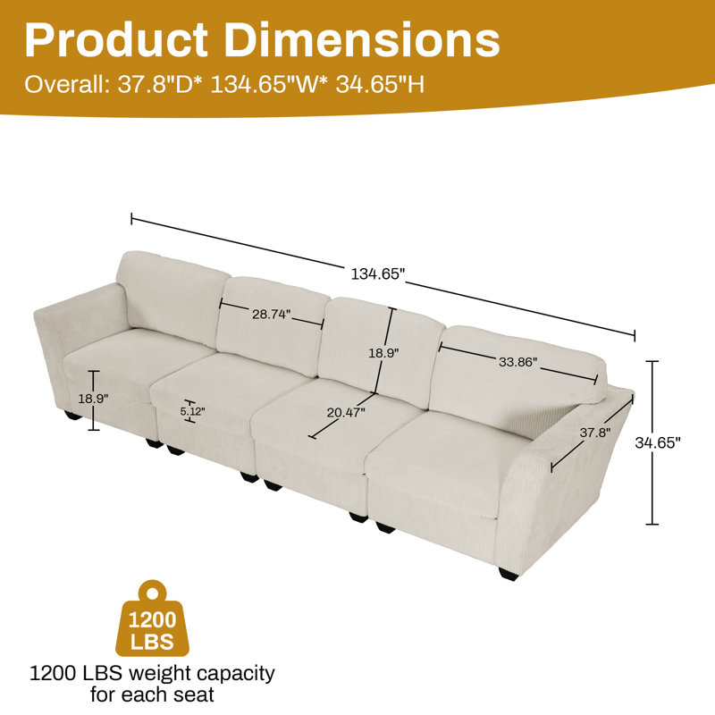 Reversible Modular Corner Sectional,Upholstered Corduroy Sectional,Couch for Bedroom,Small Space,Apartment, 4, Beige