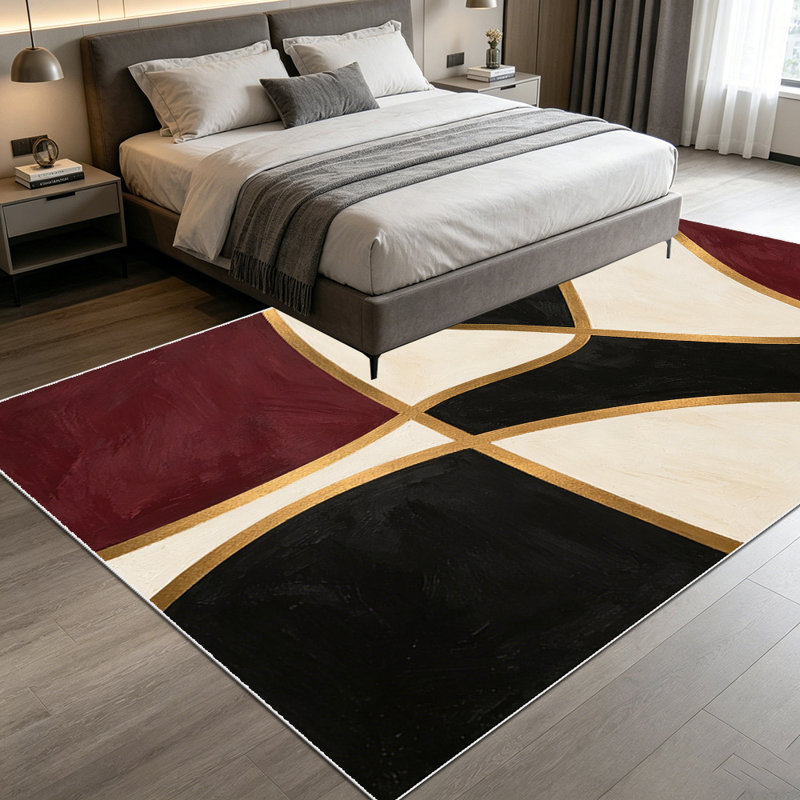1PC Modern Abstract Geometric Burgundy Black Cream Gold Trimmed area rugs for Living Room, Soft and Comfortable, Suitable for all seasons, easy-to-maintain, machine washable Indoor floor mat, Under Table Farmhouse suitable for dining room, bedroom,