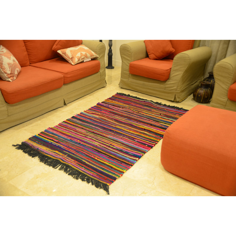 Tapis en coton rouge/mauve/orange à la main rayée noué la Glendive
