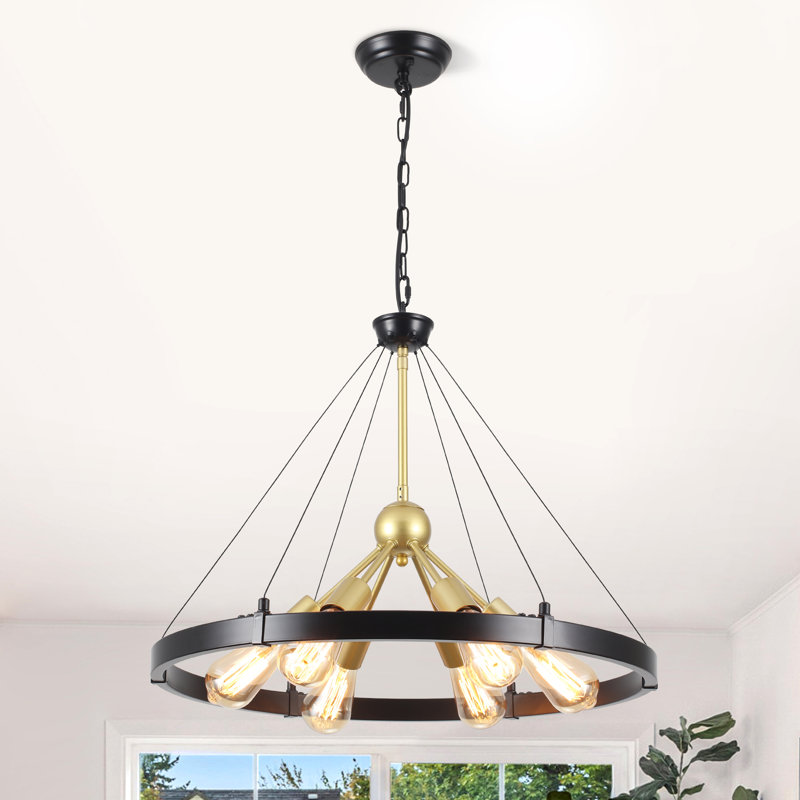  Tyleshia 6 - Light 23"W Dimmable Sputnik Wagon Wheel Chandelier Rustic Metal Pendant Lighting for Dining Room Living Room Kitchen Entryway Hallway