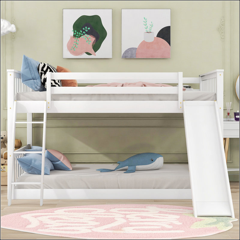 Lit superposé double au-dessus de double avec glissière convertible et échelle, Blanc