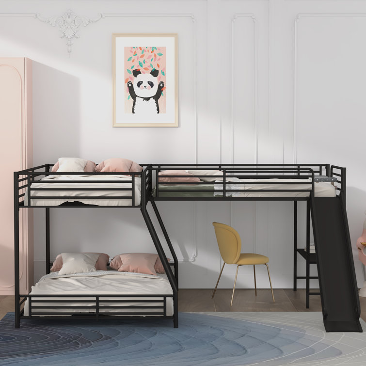 L Shape Triple Bunk Bed With Slide