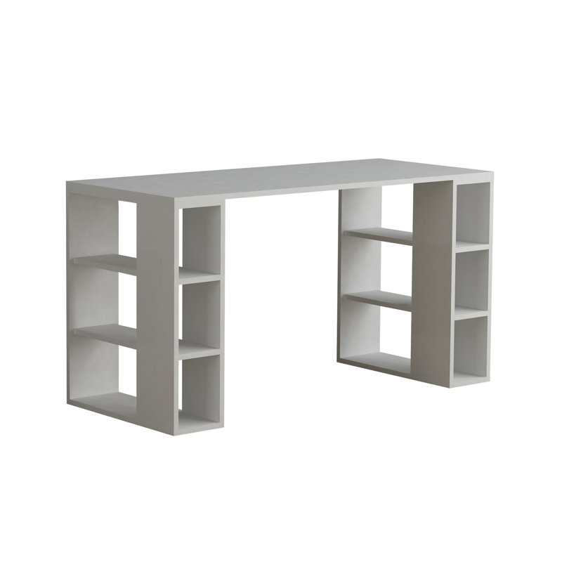 Simone Modern Desk with Built-in Bookcase – Stylish Workspace Desk with 6 Open Shelves, White, White