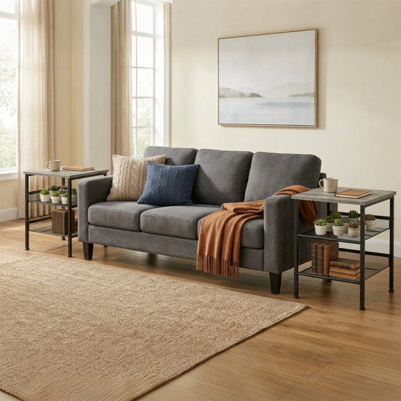 Ensemble de 2 tables de bout carrées industrielles, table de chevet grise à 3 niveaux avec tablettes de rangement en maille respirante et structure en métal robuste, meubles de chevet compacts pour le rangement de la chambre à coucher, du salon et des petits espaces