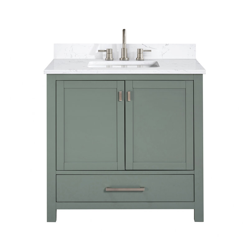 Modero 36" Single Bathroom Vanity with Top, Smoke Green, Brushed Nickel, Cala White Marble