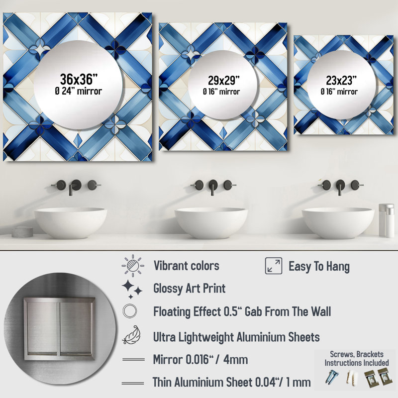 Blue and White Tiles Diamonds - Art mural moderne carré en miroir pour salle de bain, 23 po x 23 po