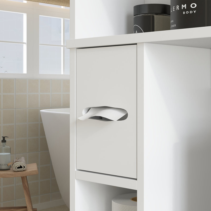 Armoire de rangement au-dessus de la toilette, organisateur de salle de bain moderne avec 2 portes, tablettes de rangement, porte-papier hygiénique, économiseur d'espace autoportant pour la salle de bain, buanderie, blanc