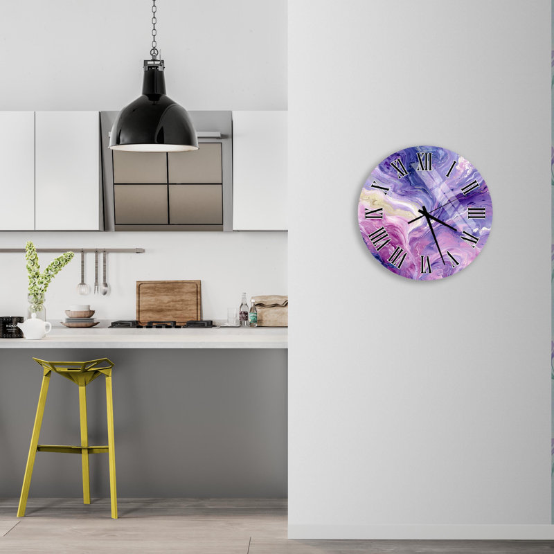 Horloge murale mauve en verre trempé, horloge d'art abstrait, horloge murale élégante, grande horloge, cadeau de pendaison de crémaillère