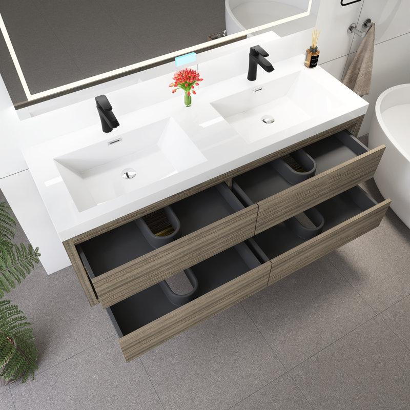 Meuble-lavabo mural 60 po avec lavabo, Bois de frêne gris