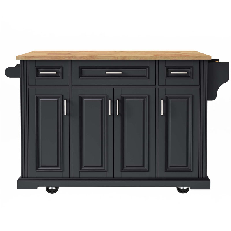 54Inch Large Kitchen Island With Rubber Wood Drop Leaf, Embossed Texture Rolling Kitchen Cart On 4 Wheels With 4 Doors And 3 Drawers