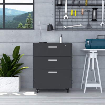 Armoire de rangement MultisStorage H 35 po, trois tiroirs, quatre roues, noir