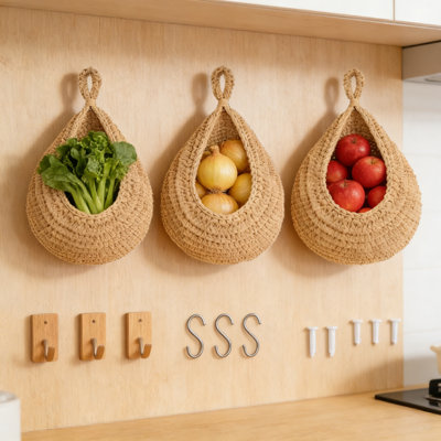 Handwoven Hanging Storage Baskets, 3-Pack Wall Mounted Organizer For Kitchen, Pantry, Fruits, Vegetables, Potatoes, Onions, And Home Decor