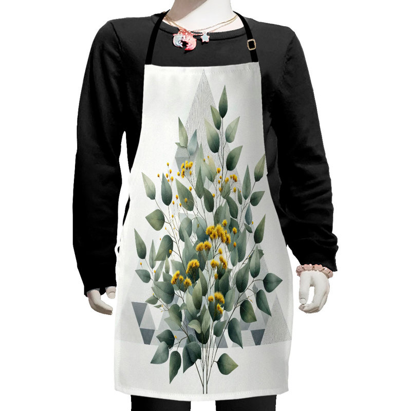 East Urban Home Eucalyptus Leaves Apron with Adjustable Ties Small Size Laurel Green White