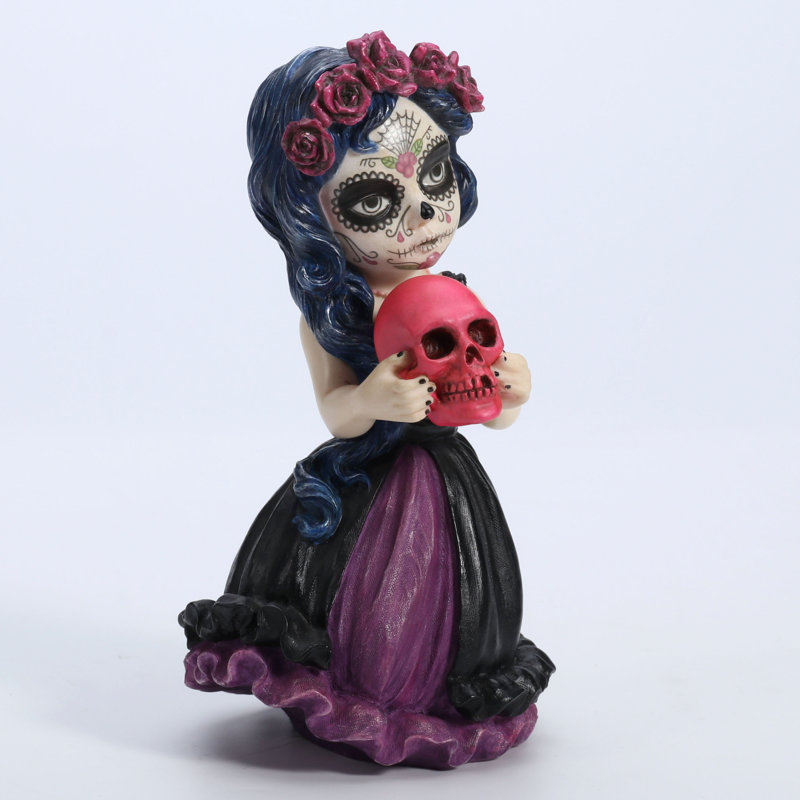 6,1 po H Cosplay Kids - Jour des Morts tenant un crâne rose, résine de polyester