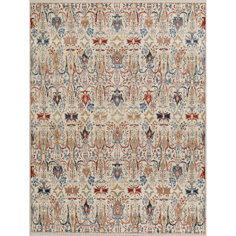 Wool Damask Area Rug in Ivory/Red/Blue/Brown, Rectangle 9' x 12'