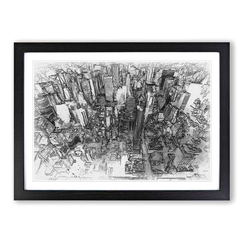 Birds Eye View of New York City in Abstract - Picture Frame Graphic Art Print on MDF, 62cm H x 87cm W x 2cm D, Black Framed
