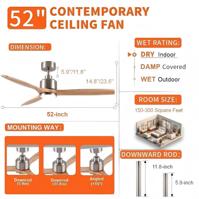 Modern 52" 3-Blades Indoor Brushed Nickel Solid Wood Ceiling Fan With LED Light, Quite DC Motor and Remote Control, 52" Wide