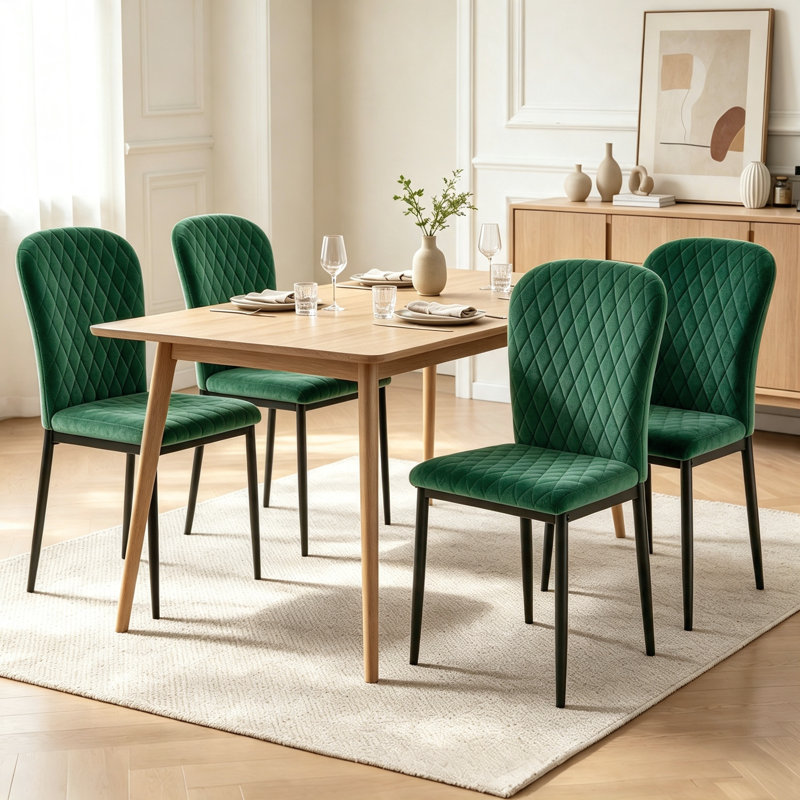 Modern Velvet Armless Upholstered Dining Chair with Diamond Stitching for Dining Room, Restaurant, Bar, Green