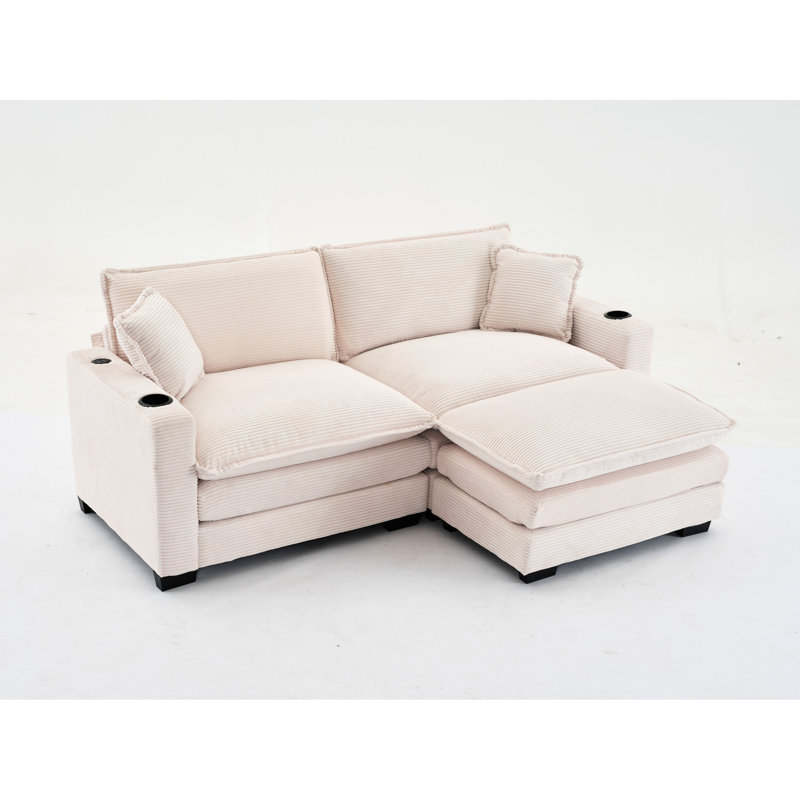 Canapé en velours côtelé beige avec 2 sièges, port et porte-gobelet - Transformez votre salon, appartement, bureau en forme de L en place pour un style confortable