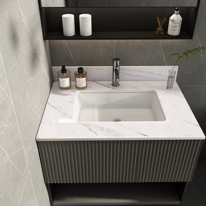 Comptoir de meuble-lavabo 31 po avec lavabo encastré Roomfitter, comptoir en pierre frittée durable avec dosseret, blanc