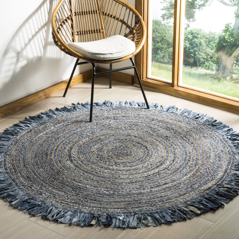 Tapis ivoire / denim en coton tissé à la main Abhay, Rond 10 pi