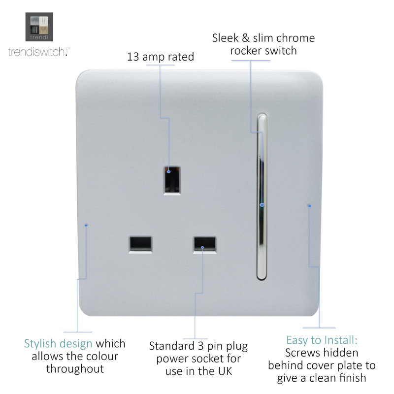 Trendi Switch 1 Gang 13 Amp Switched Plug Socket, Silver