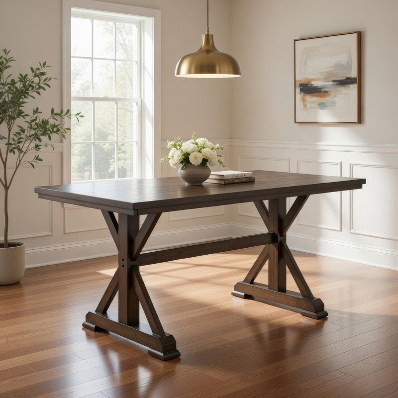Table de salle à manger Omal, plateau de table en bois brun de 79 pouces, pieds en forme de X