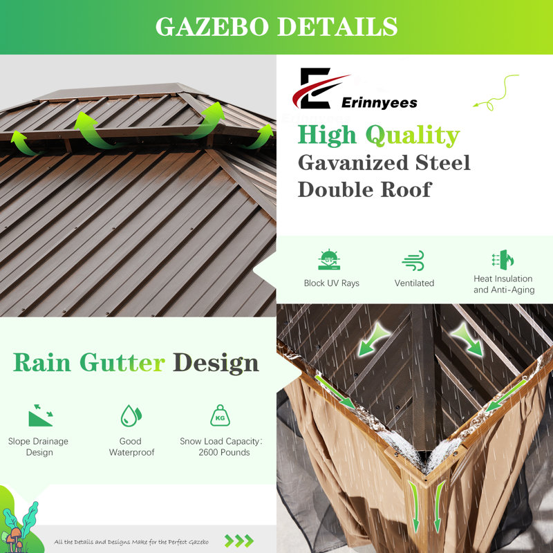 Pavillon de jardin en aluminium l 12 pi x P 16 pi avec double toit - Structure à grain de bois, plateau en acier galvanisé, rideaux et filet - Grand pavillon permanent pour patio, pelouse et terrasse