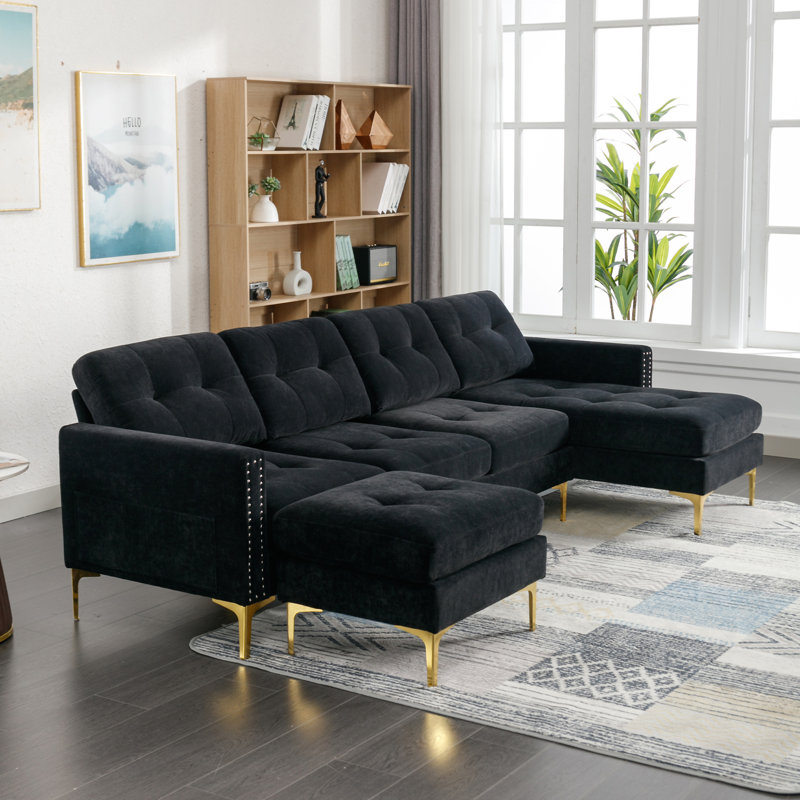 110.6" L-Shape Convertible Sectional Sofa Couch With Movable Ottoman For Living Room, Black Velvet